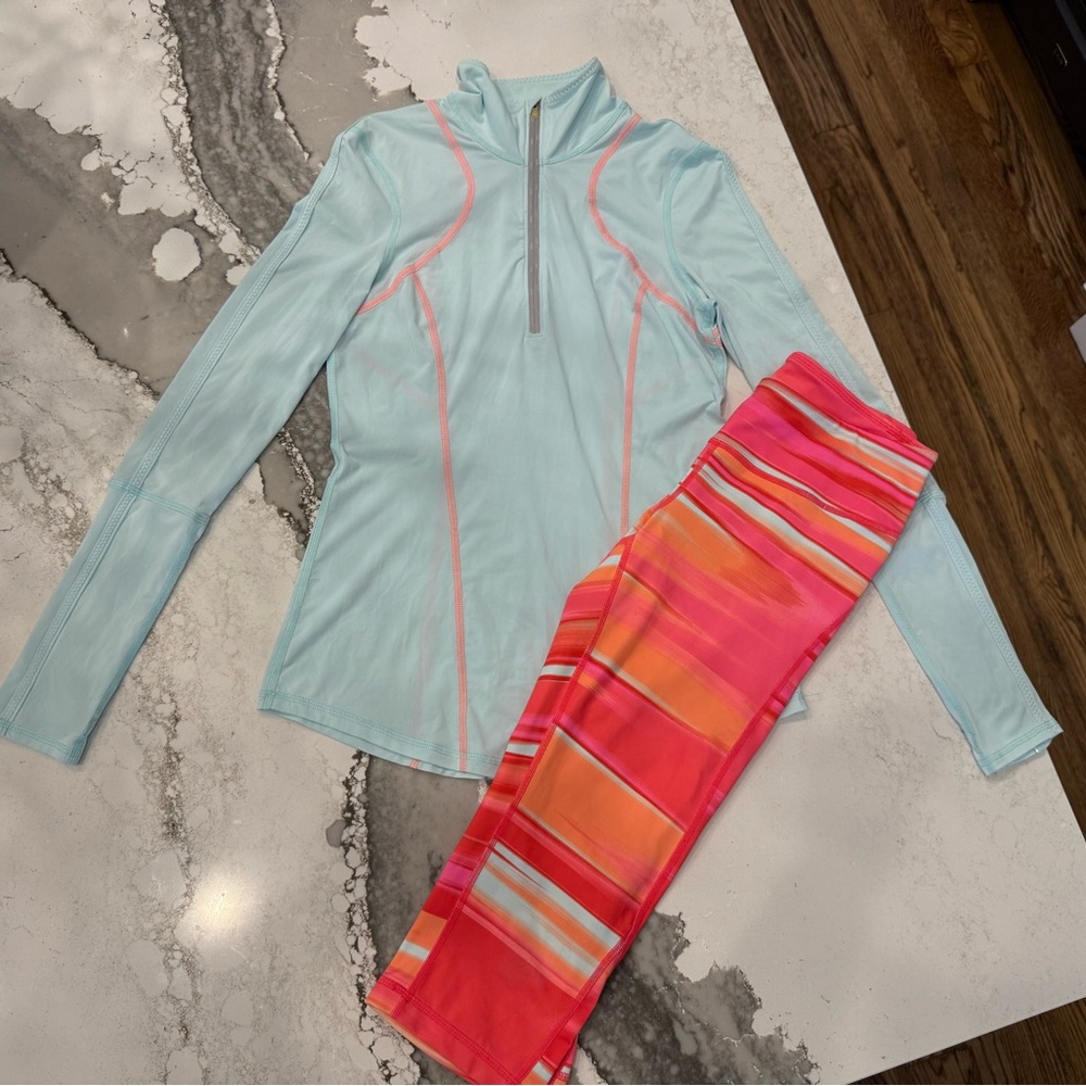 Zella Blue Pink Long Sleeve Quarter Zip Top Crop Leggings Workout Athletic Set